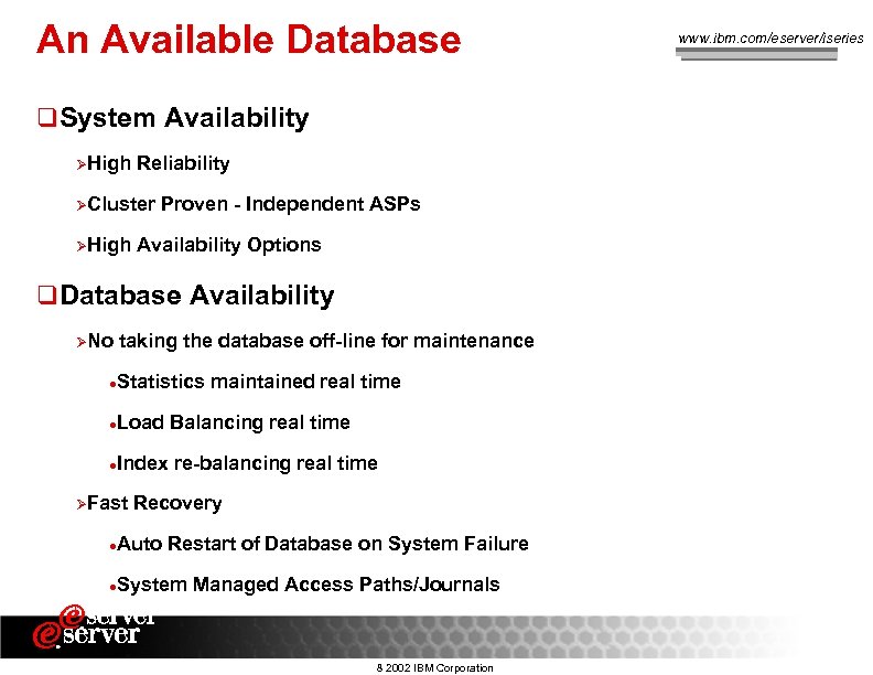 An Available Database q. System Availability ØHigh Reliability ØCluster ØHigh Proven - Independent ASPs