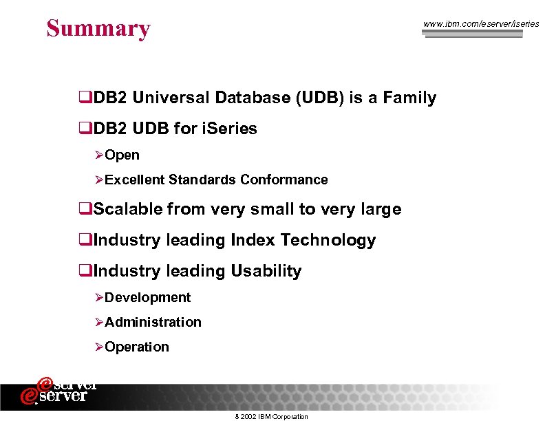 Summary www. ibm. com/eserver/iseries q. DB 2 Universal Database (UDB) is a Family q.