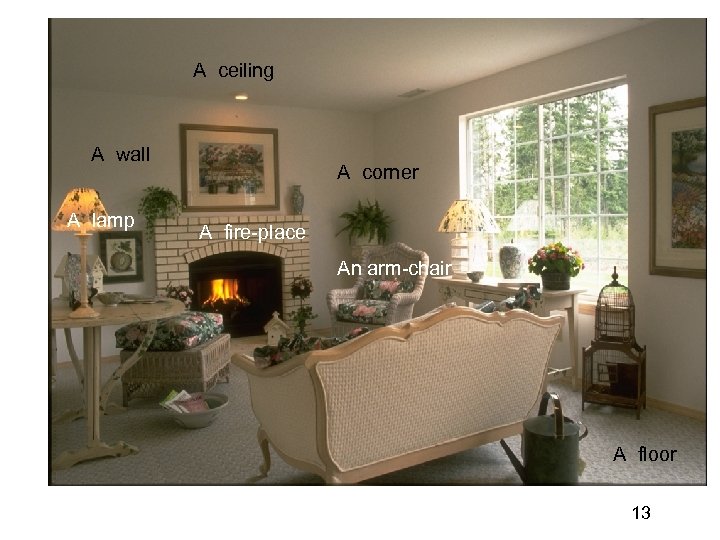 A ceiling A wall A lamp A corner A fire-place An arm-chair A floor