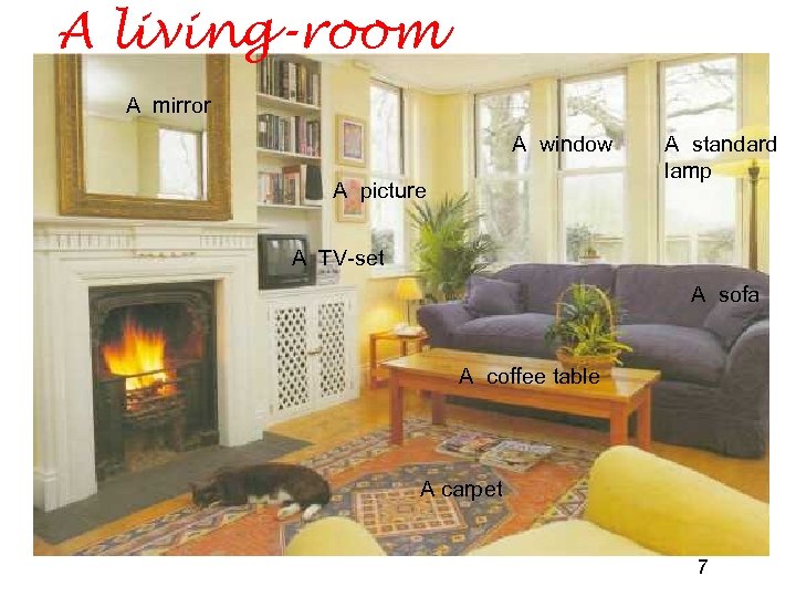 A living-room A mirror A window A picture A standard lamp A TV-set A