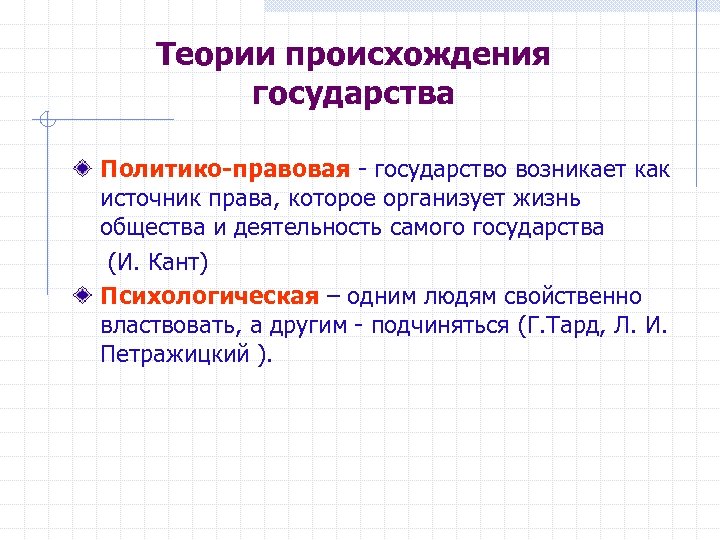 Теории происхождения государства Политико-правовая государство возникает как источник права, которое организует жизнь общества и