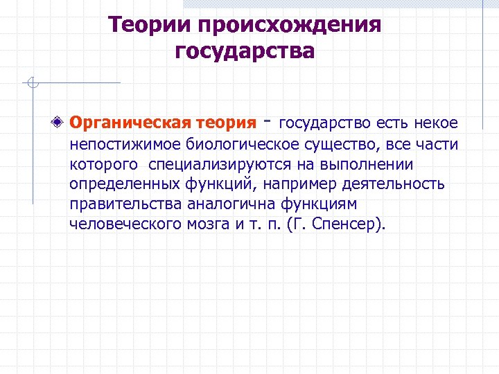 Теории происхождения государства Органическая теория государство есть некое непостижимое биологическое существо, все части которого