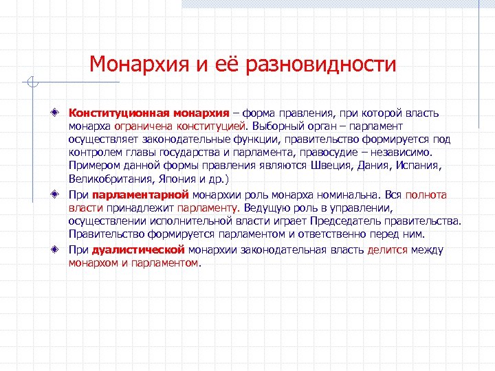 Монархия и её разновидности Конституционная монархия – форма правления, при которой власть монарха ограничена