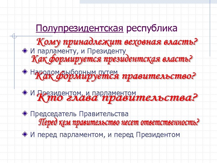 Полупрезидентская республика И парламенту, и Президенту Народом выборным путем И Президентом, и парламентом Председатель