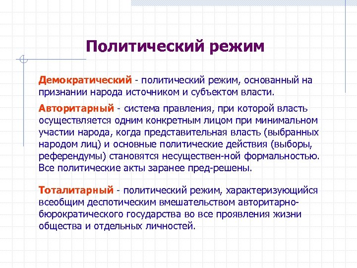 Политический режим Демократический политический режим, основанный на признании народа источником и субъектом власти. Авторитарный