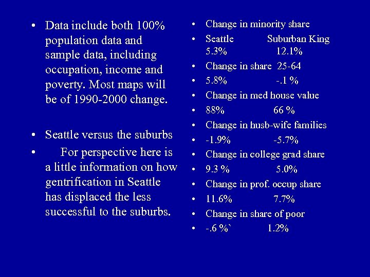  • Data include both 100% population data and sample data, including occupation, income