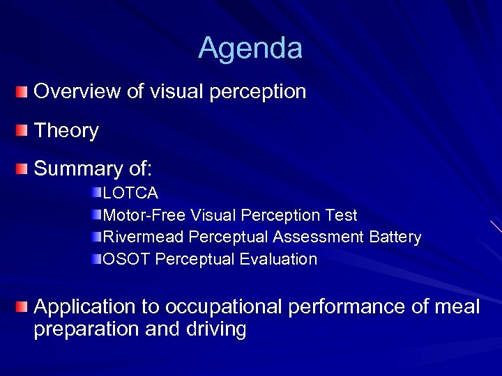 Agenda Overview of visual perception Theory Summary of: LOTCA Motor-Free Visual Perception Test Rivermead