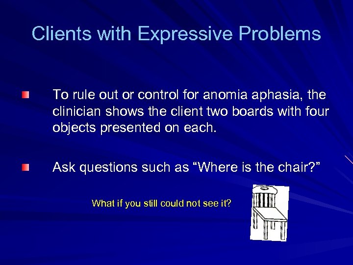 Clients with Expressive Problems To rule out or control for anomia aphasia, the clinician