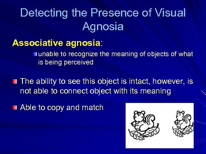 Detecting the Presence of Visual Agnosia Associative agnosia: unable to recognize the meaning of