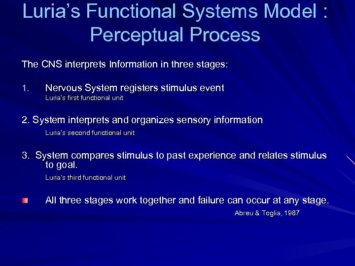 Luria’s Functional Systems Model : Perceptual Process The CNS interprets Information in three stages: