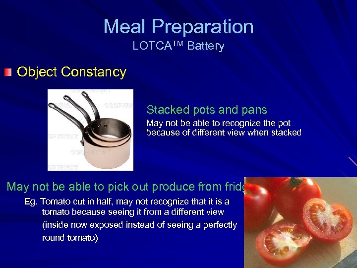 Meal Preparation LOTCATM Battery Object Constancy Stacked pots and pans May not be able