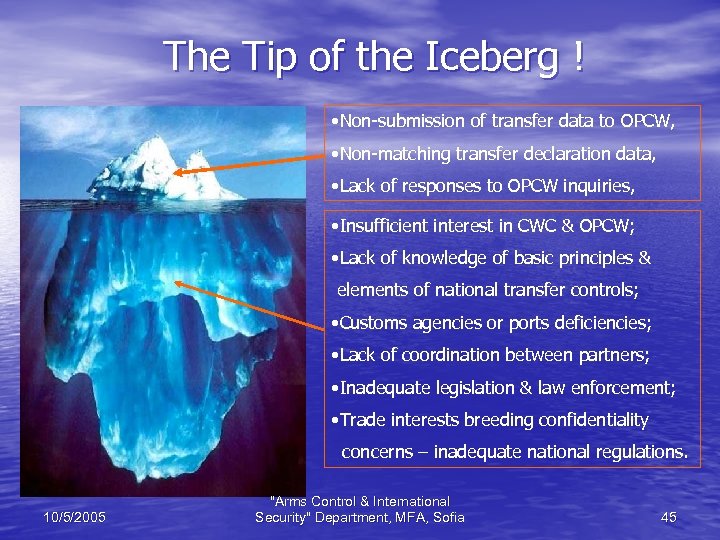 The Tip of the Iceberg ! • Non-submission of transfer data to OPCW, •