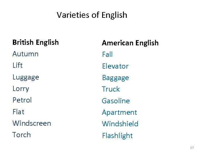 Varieties of English British English Autumn Lift Luggage Lorry Petrol Flat Windscreen Torch American