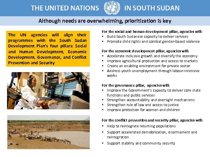 Although needs are overwhelming, prioritization is key The UN agencies will align their programmes