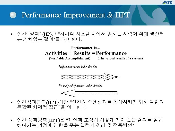 Performance Improvement & HPT • 인간 ‘성과’ (HP)란 “하나의 시스템 내에서 일하는 사람에 의해