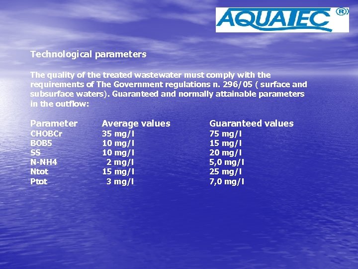 Technological parameters The quality of the treated wastewater must comply with the requirements of