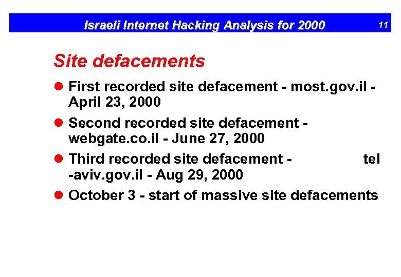 Israeli Internet Hacking Analysis for 2000 11 Site defacements l First recorded site defacement