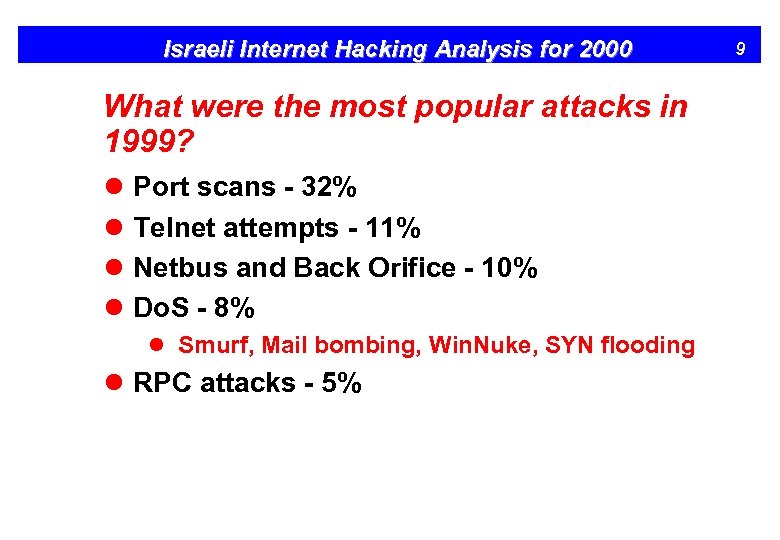 Israeli Internet Hacking Analysis for 2000 What were the most popular attacks in 1999?