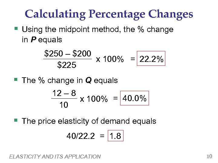 Calculating Percentage Changes § Using the midpoint method, the % change in P equals