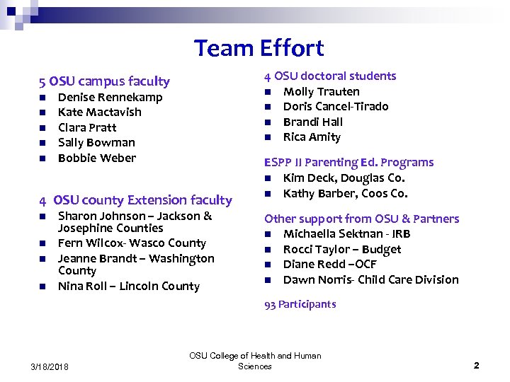 Team Effort 4 OSU doctoral students n Molly Trauten n Doris Cancel-Tirado n Brandi
