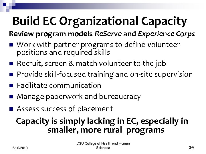 Build EC Organizational Capacity Review program models Re. Serve and Experience Corps n Work