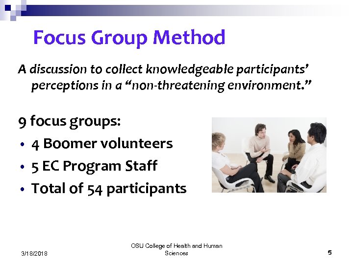 Focus Group Method A discussion to collect knowledgeable participants’ perceptions in a “non-threatening environment.