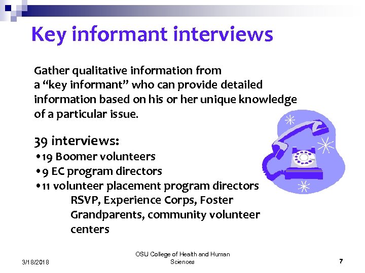 Key informant interviews Gather qualitative information from a “key informant” who can provide detailed