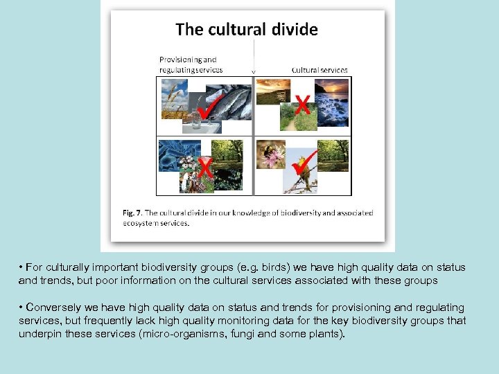  • For culturally important biodiversity groups (e. g. birds) we have high quality
