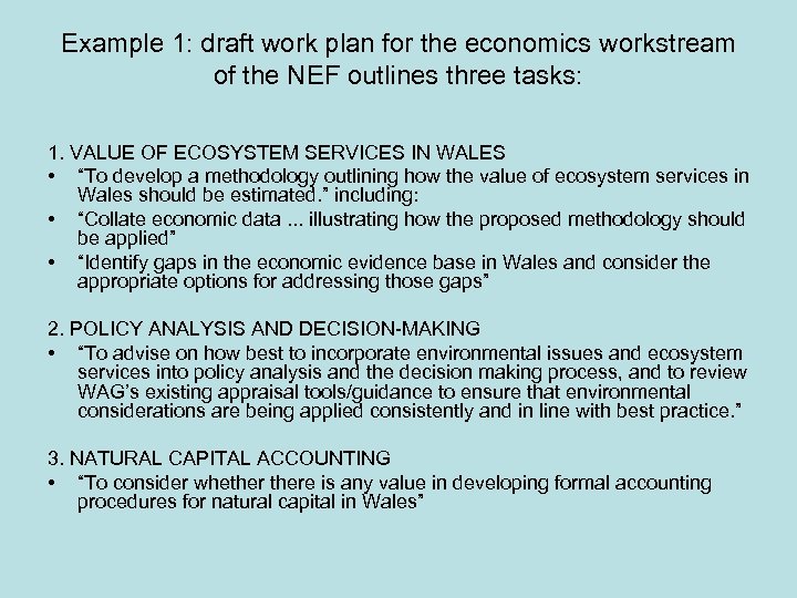 Example 1: draft work plan for the economics workstream of the NEF outlines three
