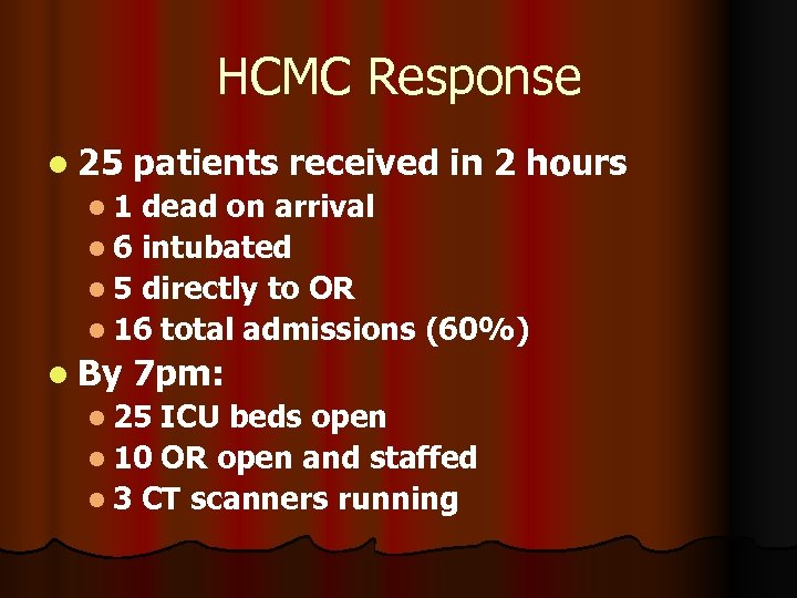 HCMC Response l 25 patients received in 2 hours l 1 dead on arrival
