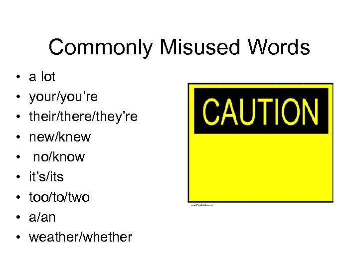 Commonly Misused Words • • • a lot your/you’re their/there/they’re new/knew no/know it’s/its too/to/two