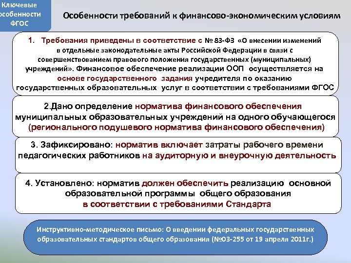 Ключевые особенности ФГОС Особенности требований к финансово-экономическим условиям 1. Требования приведены в соответствие с