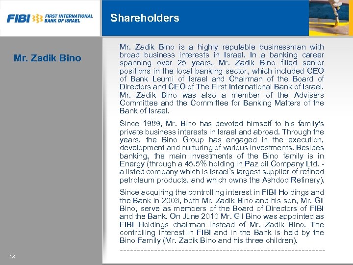 Shareholders Mr. Zadik Bino Mr. Zadik Bino is a highly reputable businessman with broad