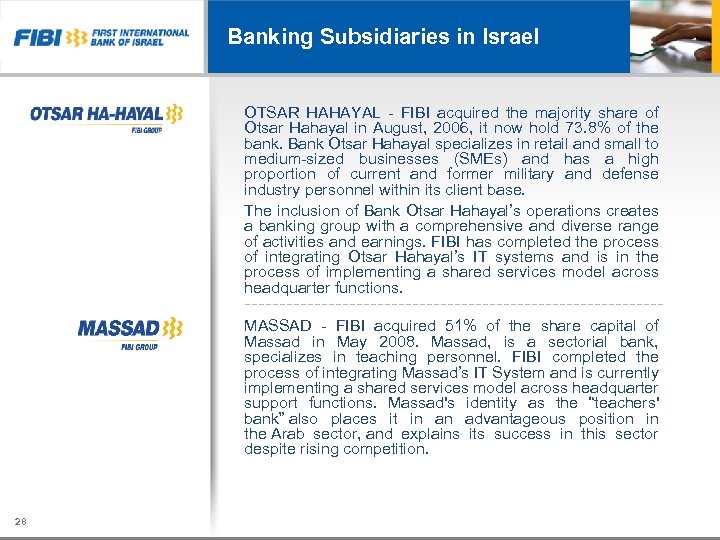 Banking Subsidiaries in Israel OTSAR HAHAYAL - FIBI acquired the majority share of Otsar
