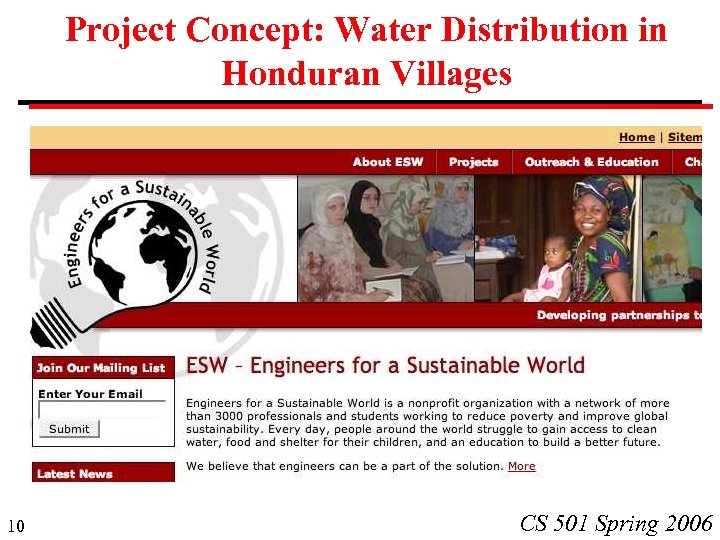 Project Concept: Water Distribution in Honduran Villages 10 CS 501 Spring 2006 