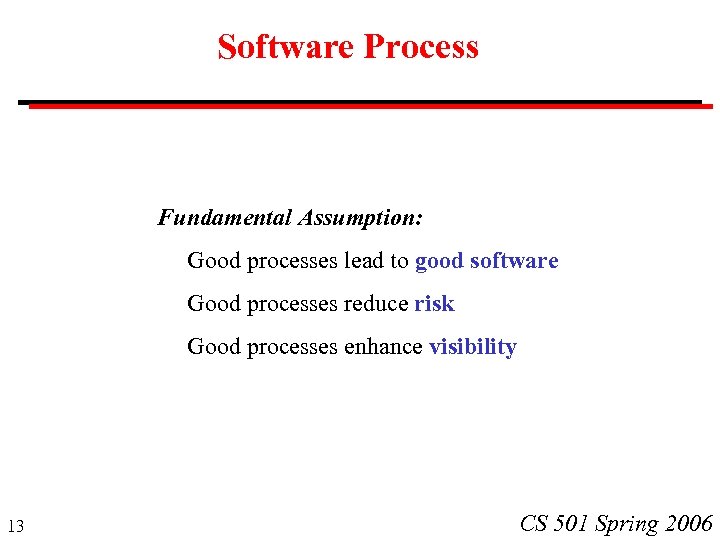 Software Process Fundamental Assumption: Good processes lead to good software Good processes reduce risk