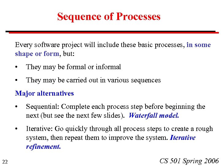 Sequence of Processes Every software project will include these basic processes, in some shape