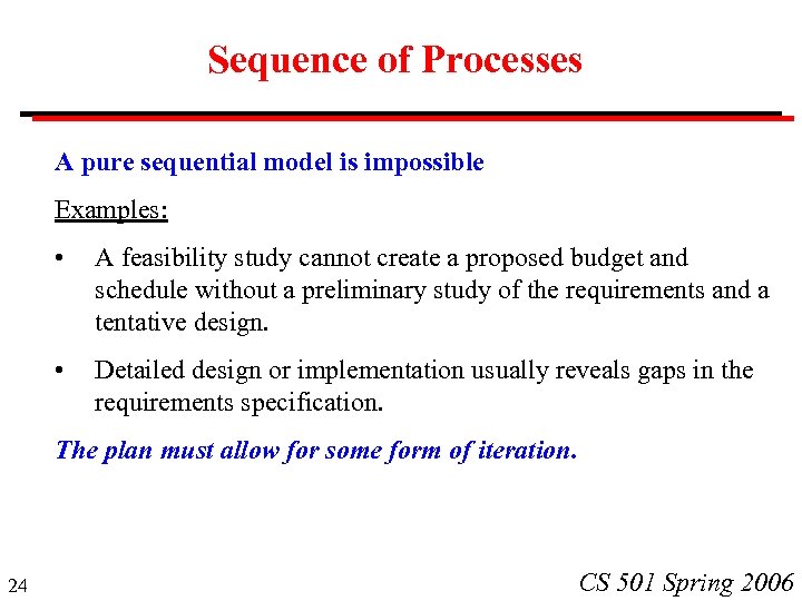 Sequence of Processes A pure sequential model is impossible Examples: • A feasibility study