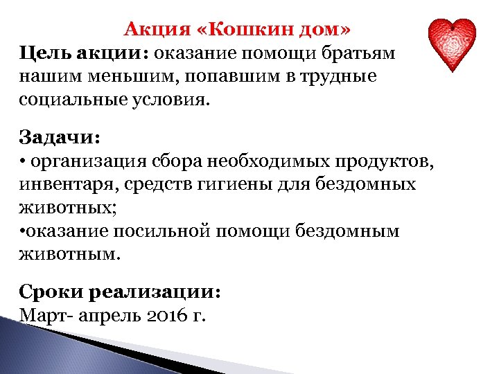  Акция «Кошкин дом» Цель акции: оказание помощи братьям нашим меньшим, попавшим в трудные