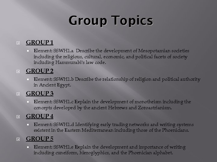 Group Topics GROUP 1 GROUP 2 Element: SSWH 1. c Explain the development of