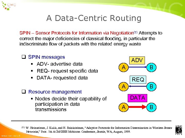 A Data-Centric Routing SPIN – Sensor Protocols for Information via Negotiation(†) Attempts to correct