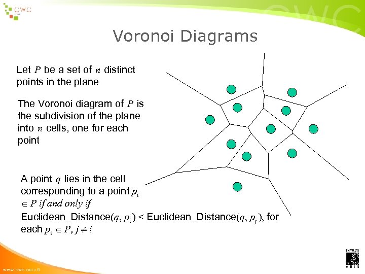 Voronoi Diagrams Let P be a set of n distinct points in the plane