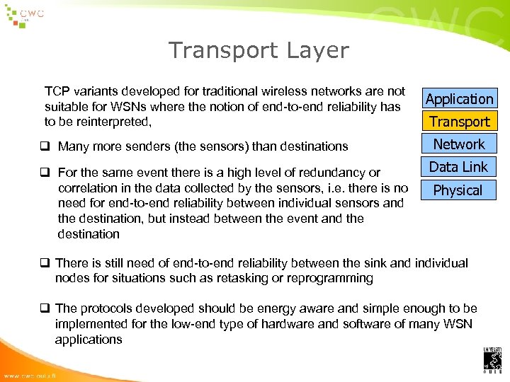 Transport Layer TCP variants developed for traditional wireless networks are not suitable for WSNs