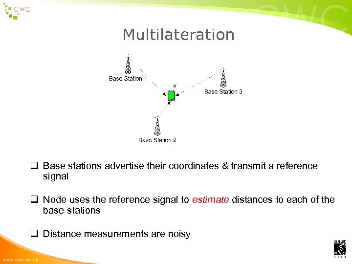 Multilateration q Base stations advertise their coordinates & transmit a reference signal q Node