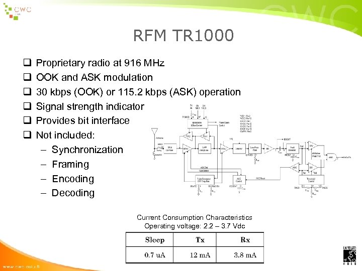 RFM TR 1000 q q q Proprietary radio at 916 MHz OOK and ASK