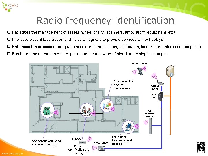 Radio frequency identification q Facilitates the management of assets (wheel chairs, scanners, ambulatory equipment,
