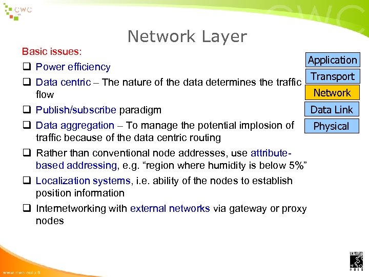 Network Layer Basic issues: Application q Power efficiency Transport q Data centric – The