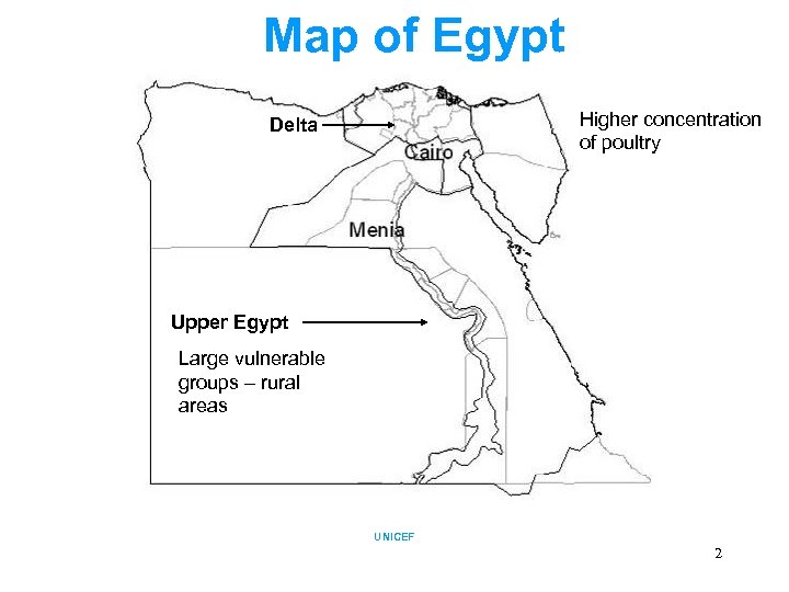 Map of Egypt Higher concentration of poultry Delta Upper Egypt Large vulnerable groups –