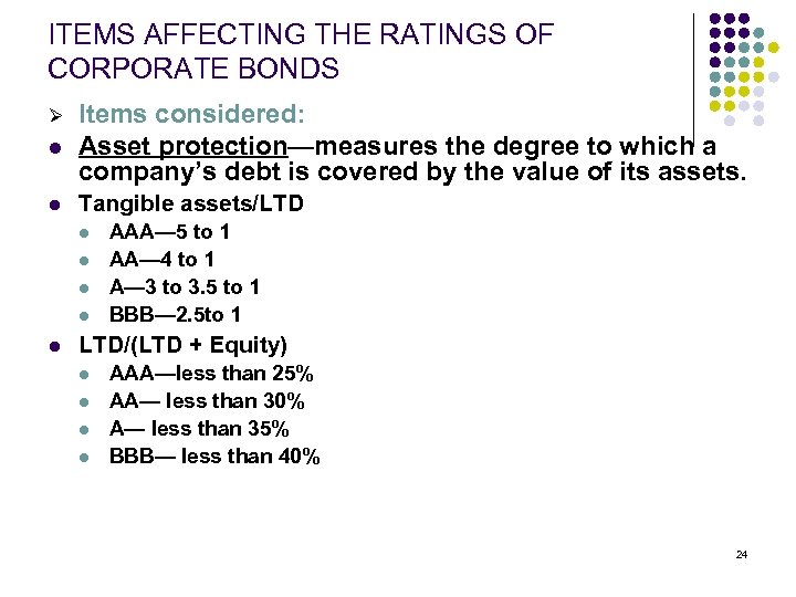 ITEMS AFFECTING THE RATINGS OF CORPORATE BONDS l Items considered: Asset protection—measures the degree