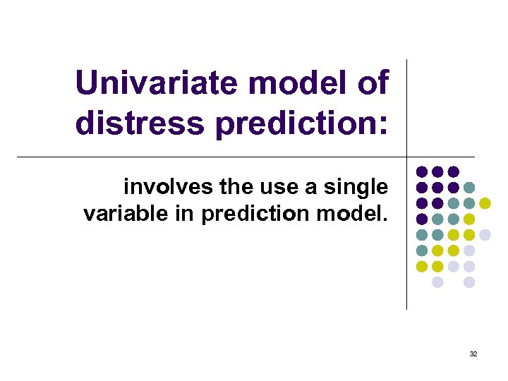 Univariate model of distress prediction: involves the use a single variable in prediction model.